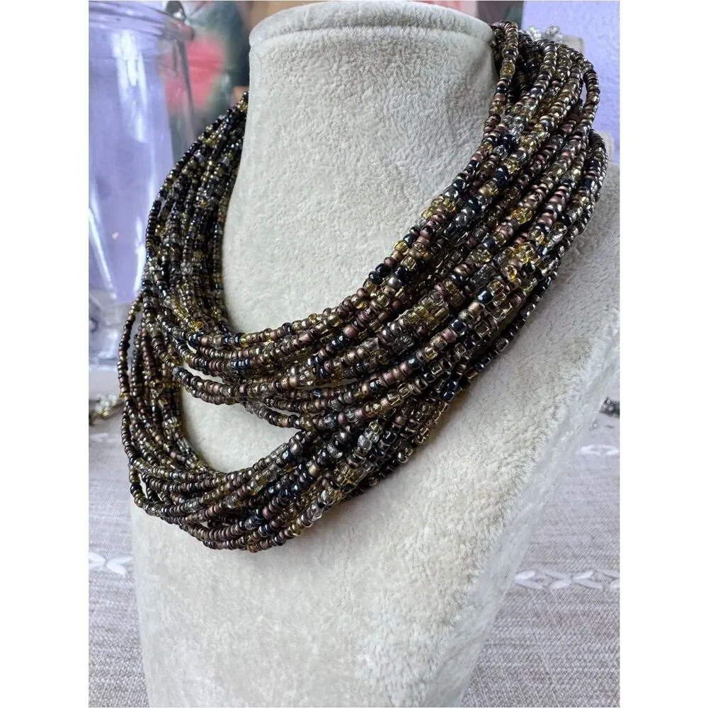 Multi-Strand Seed Bead Necklace in Black and Gold